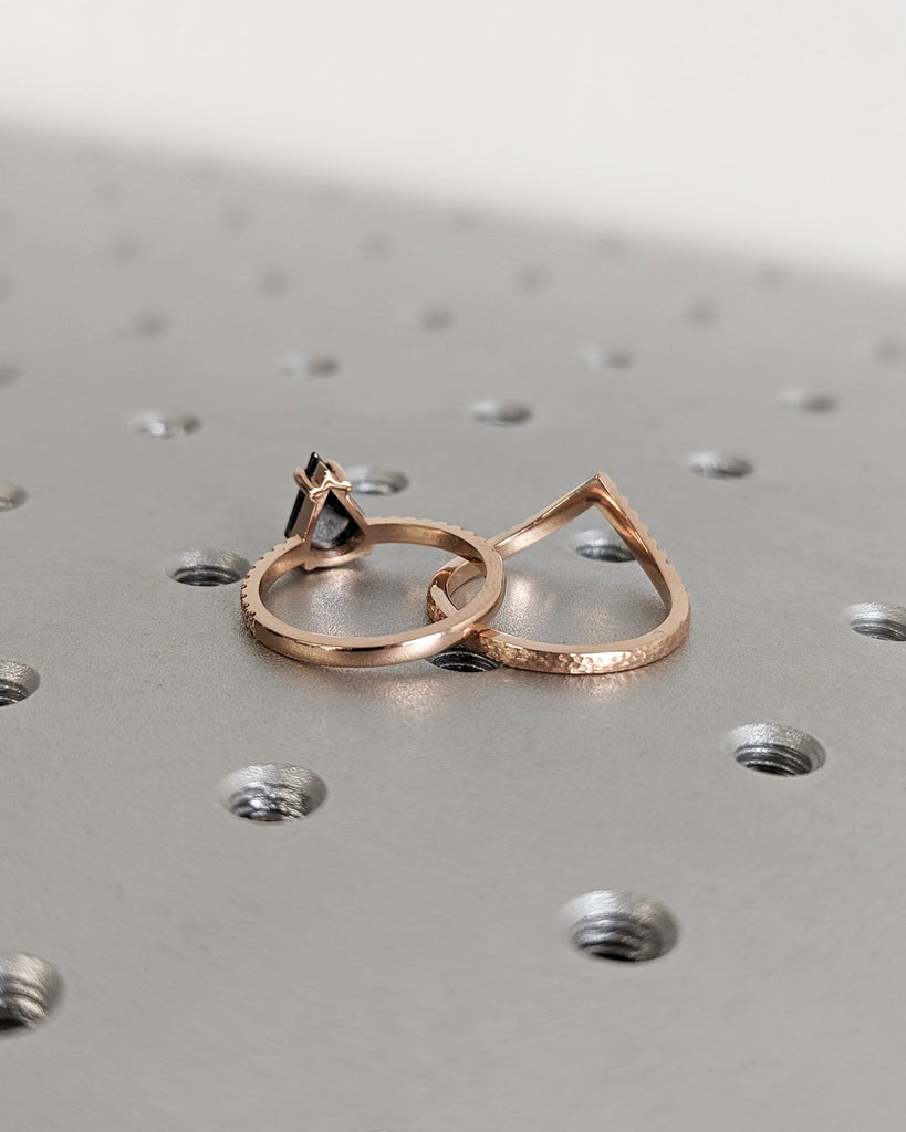 Raw Diamond Fan Cut Diamond, Salt and Pepper, Unique Engagement Ring, Rose Gold Geometric Diamond Ring, 14k Gold, Custom Handmade, Hammered