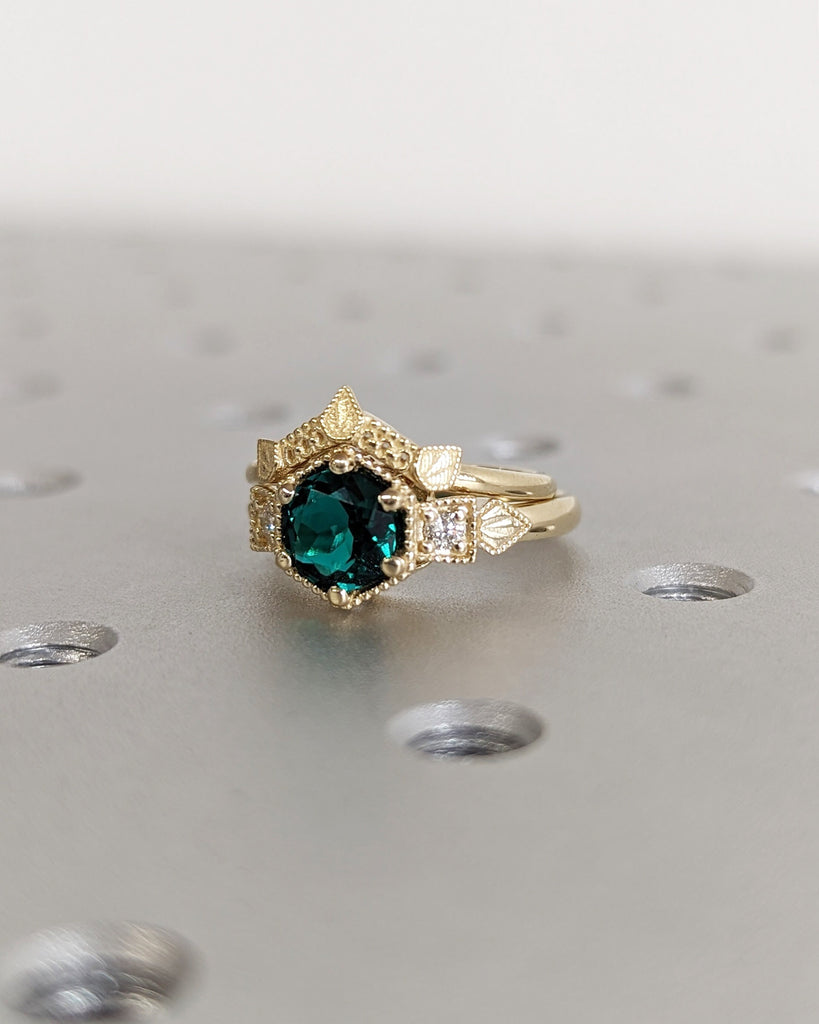 Emerald Ring Vintage Emerald Engagement Ring 14K Yellow Gold Ring Gift Unique Antique Wedding Promise Anniversary Ring For Her Birthstone