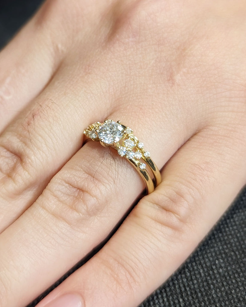 0.5ct Round Moissanite 14K Yellow Gold Engagement Ring | Unique Snowdrift 6 prong Moissanite Cluster Proposal Ring | Wedding Ring for Women