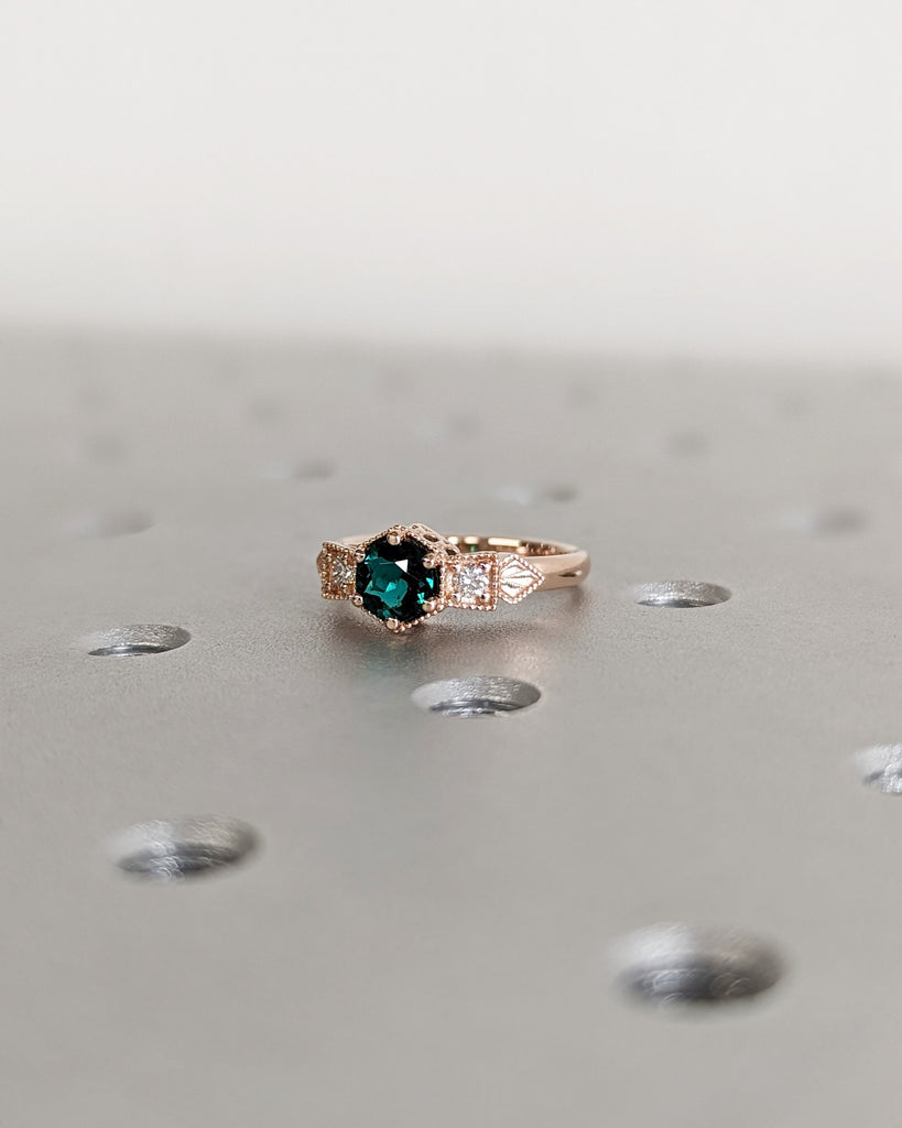 Emerald ring vintage emerald engagement ring 14k rose gold ring gift unique antique wedding promise anniversary ring for her birthstone ring