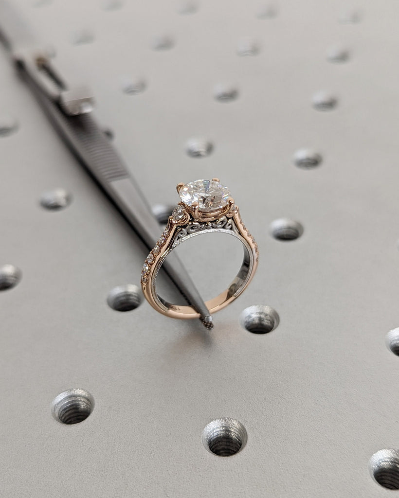 Moissanite engagement ring round cut vintage engagement ring prong set ring moissanite ring two tone anniversary ring rose & white gold