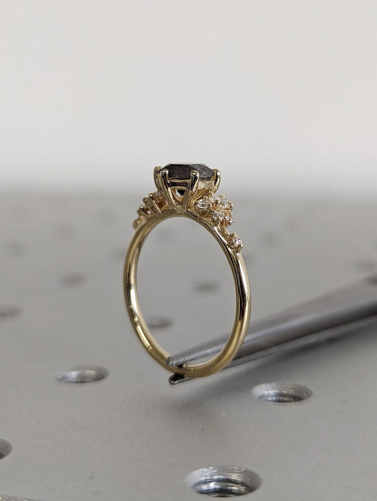 Raw Diamond Round Snowdrift Diamond, Salt and Pepper, Unique Engagement Ring, Snowdrift Cluster Ring, 14k Gold, Custom Handmade, Art Deco