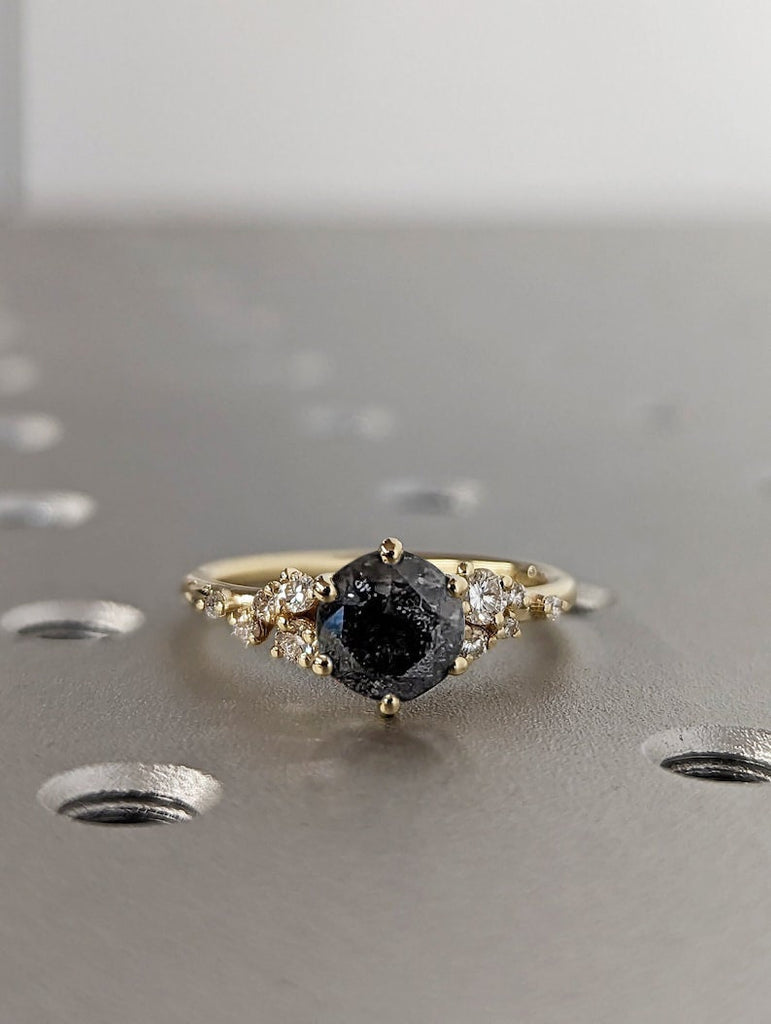 Raw Diamond Round Snowdrift Diamond, Salt and Pepper, Unique Engagement Ring, Snowdrift Cluster Ring, 14k Gold, Custom Handmade, Art Deco