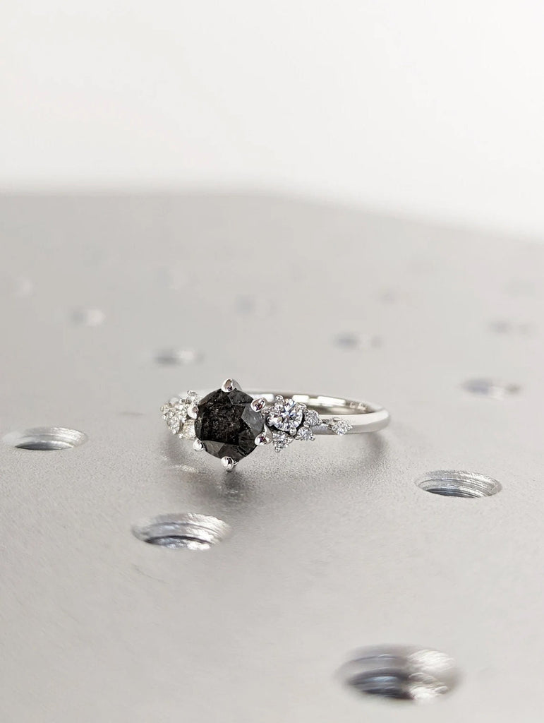 Raw Diamond Round Snowdrift Diamond, Salt and Pepper, Unique Engagement Ring, Snowdrift Cluster Ring, 14k Gold, Custom Handmade, Art Deco