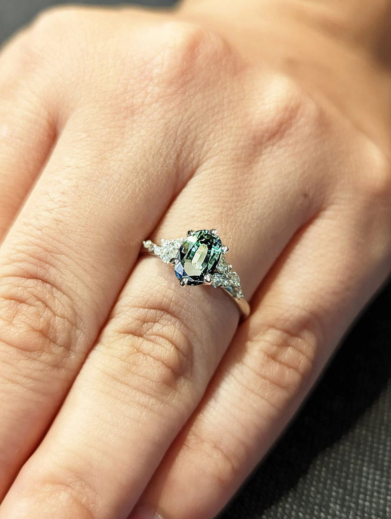 Blue Green sapphire ring. Peacock engagement ring. Oval Teal sapphire ring. 14k white gold engagement ring. Cluster diamond ring. Art deco.