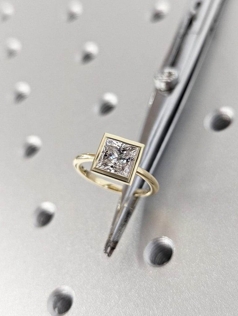 2CT Princess Cut Moissanite Solitaire Ring, 14K Yellow Gold Engagement Ring, Bezel Setting, Statement Ring, Gift For Her, Vintage Bridal Set