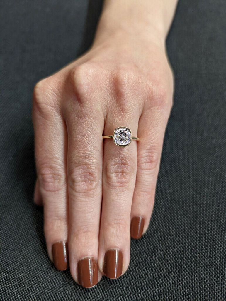 2CT Cushion Cut Moissanite Solitaire Ring, 14K Yellow Gold Engagement Ring, Bezel Setting, Statement Ring, Gift For Her, Vintage Bridal Set