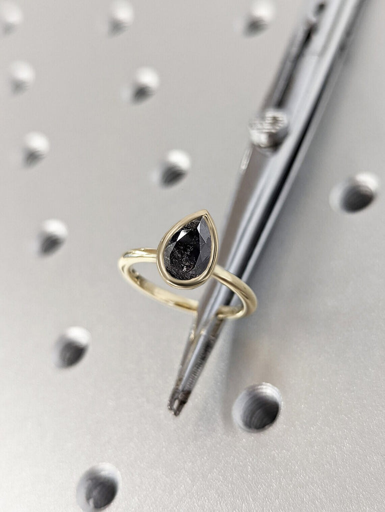 2CT Pear Cut Salt And Pepper Diamond Solitaire Ring, 14K Yellow Gold Engagement Ring, Bezel Ring, Statement Ring, Gift For Her, Vintage Ring