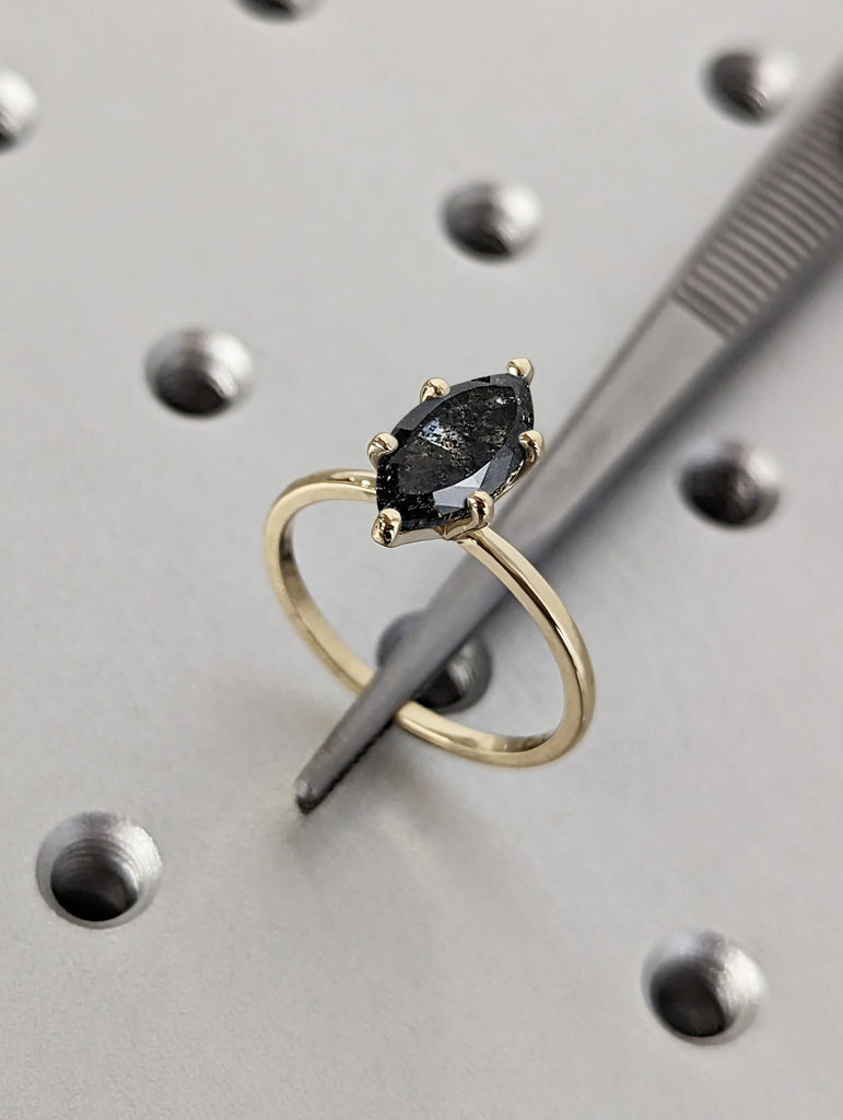 1 Carat Marquise Engagement Ring, Marquise Salt and Pepper Diamond Solitaire Engagement Ring, Wedding Ring, Anniversary Ring 14K Yellow Gold