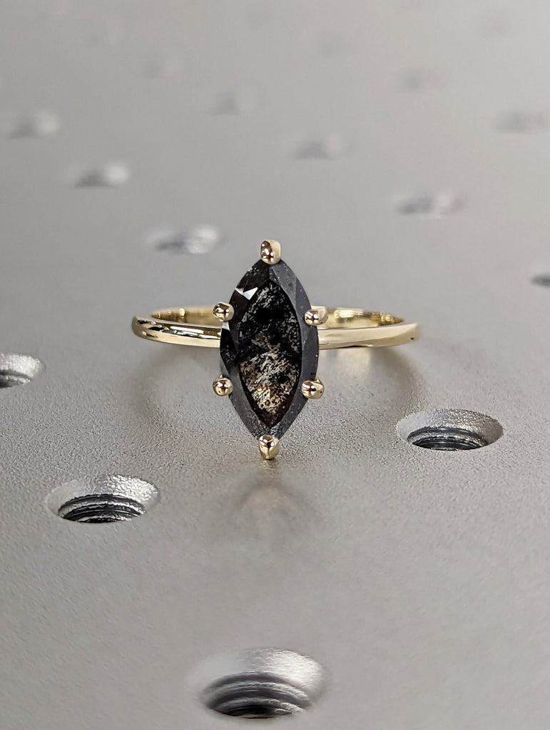 1 Carat Marquise Engagement Ring, Marquise Salt and Pepper Diamond Solitaire Engagement Ring, Wedding Ring, Anniversary Ring 14K Yellow Gold