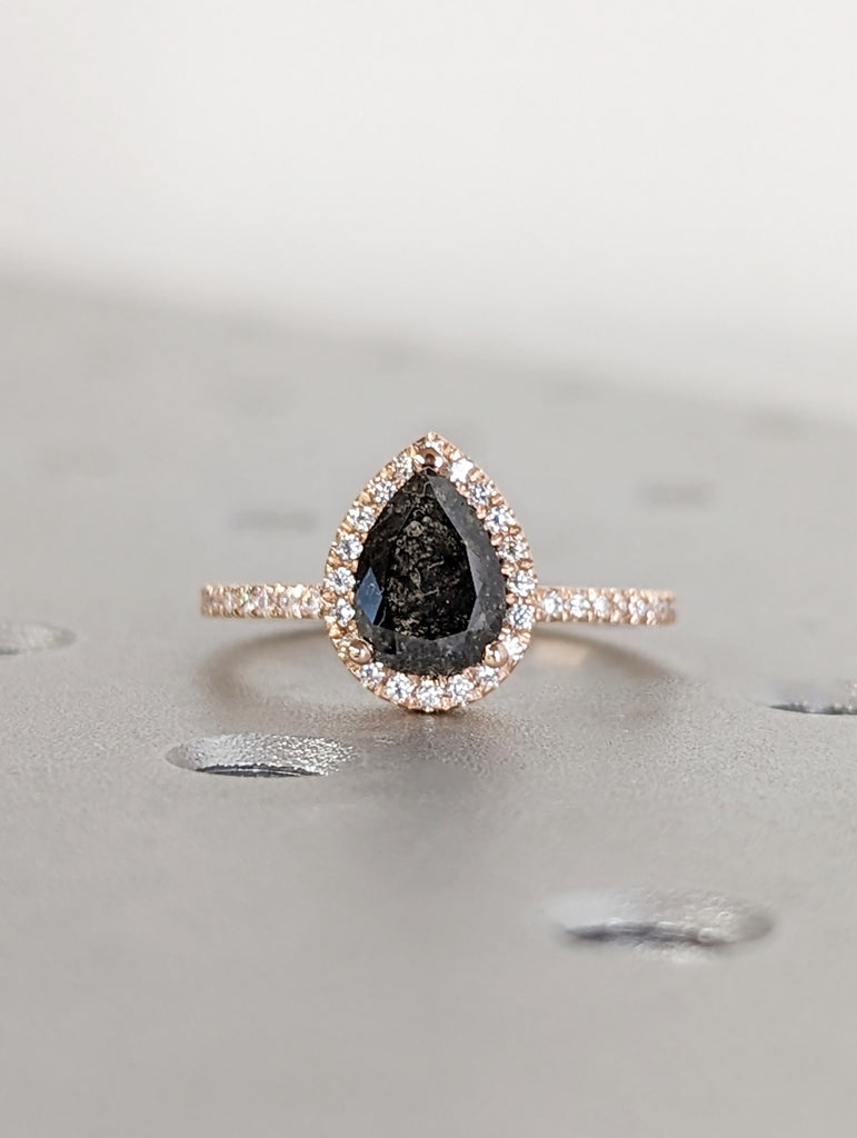 1920s 1ct Pear Salt and Pepper Diamond 14K Rose Gold Dark Grey Gemstone Engagement Ring