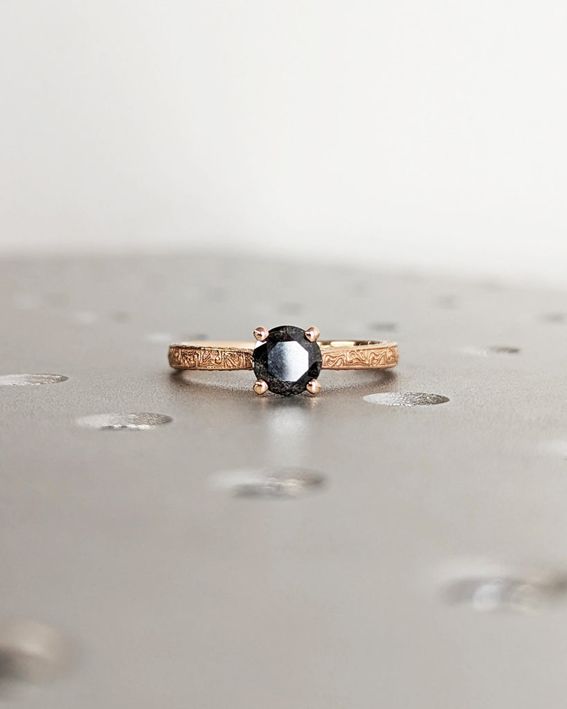 Raw Diamond Round Cut Diamond, Salt and Pepper, Unique Engagement Ring, Solitaire Diamond Ring, 18k Gold, Custom Handmade Filigree, Art Deco