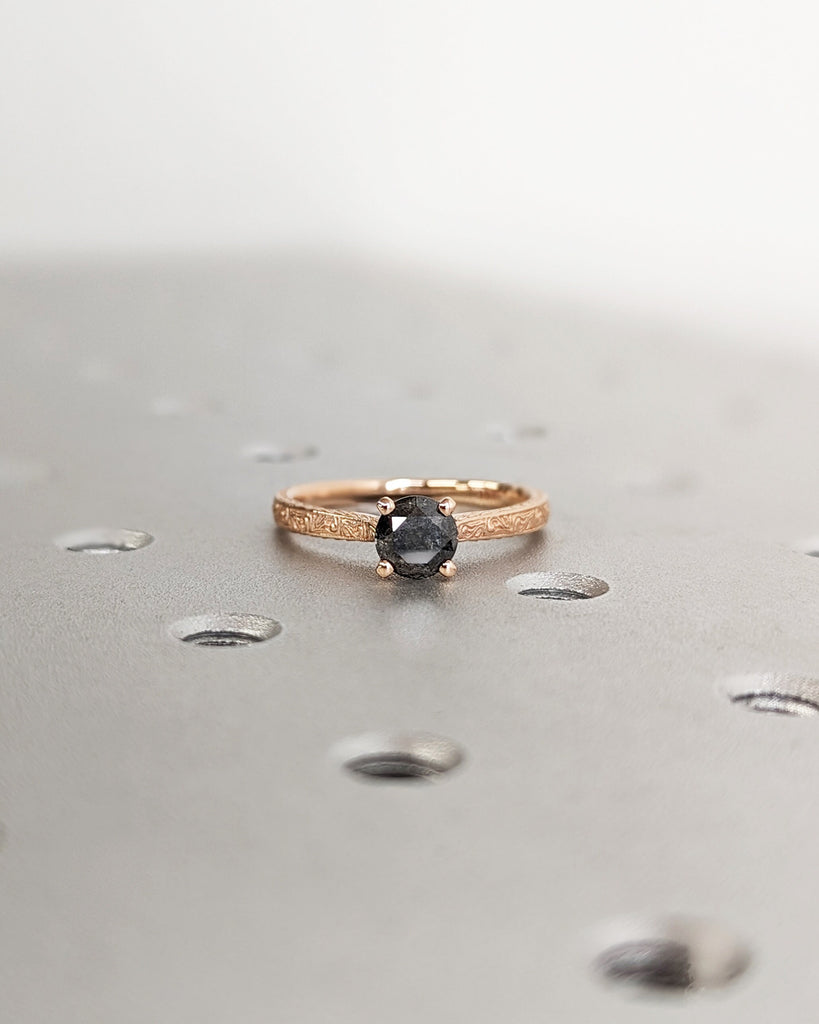 Raw Diamond Round Cut Diamond, Salt and Pepper, Unique Engagement Ring, Solitaire Diamond Ring, 18k Gold, Custom Handmade Filigree, Art Deco