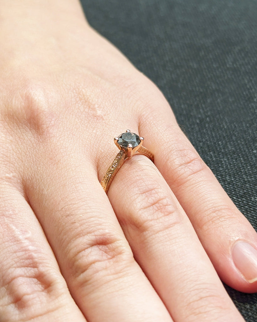 Raw Diamond Round Cut Diamond, Salt and Pepper, Unique Engagement Ring, Solitaire Diamond Ring, 18k Gold, Custom Handmade Filigree, Art Deco