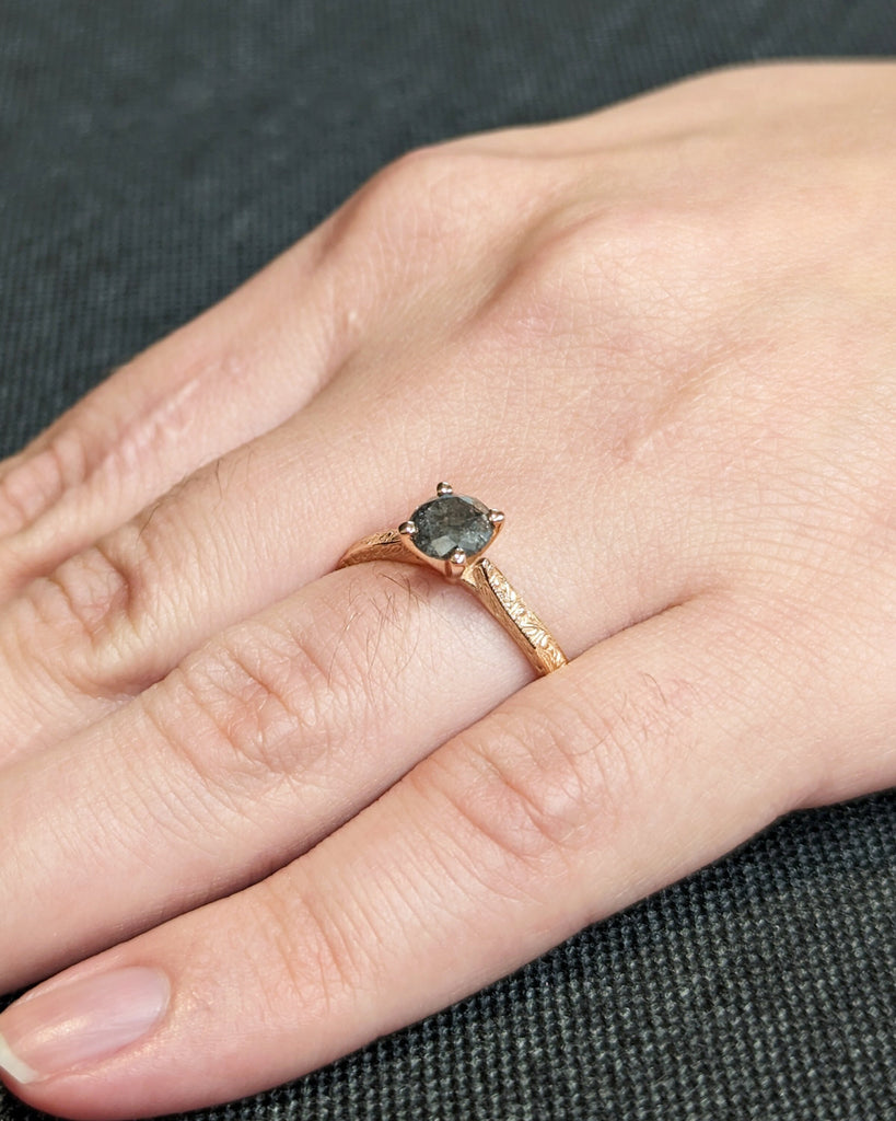 Raw Diamond Round Cut Diamond, Salt and Pepper, Unique Engagement Ring, Solitaire Diamond Ring, 18k Gold, Custom Handmade Filigree, Art Deco