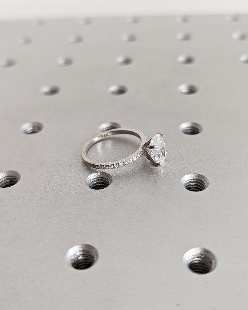 Oval Engagement Ring, Crushed Ice Oval Moissanite Engagement Ring, Pave Diamond or Moissanite, Bridal Proposal Ring, Half Eternity Gold Band