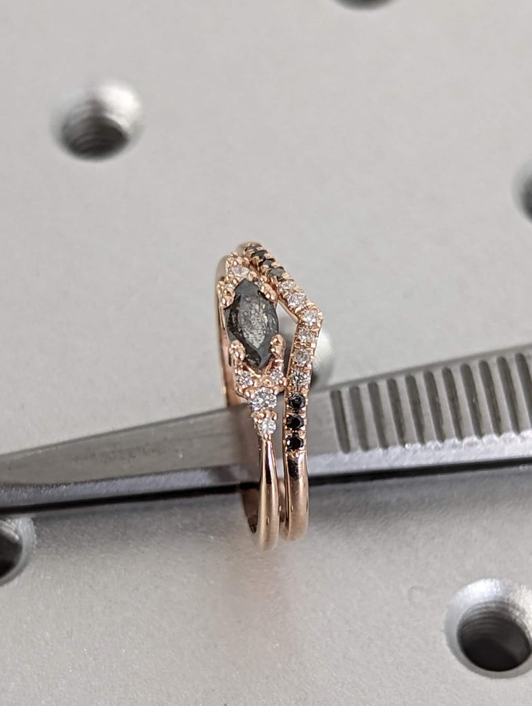 0.25ct Marquise Salt and Pepper Diamond 14K Rose Gold Ombre Diamonds Engagement Ring Set
