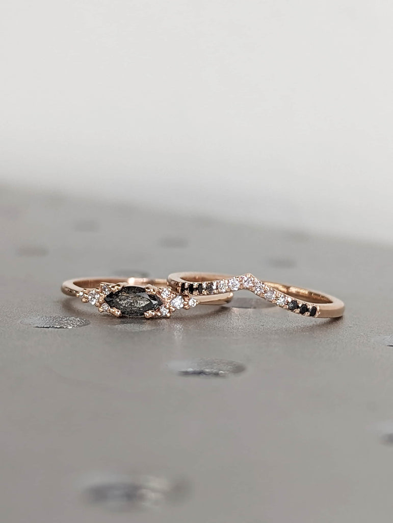 0.25ct Marquise Salt and Pepper Diamond 14K Rose Gold Curved Wedding Ring Set