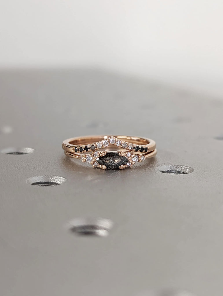 0.25ct Marquise Salt and Pepper Diamond 14K Rose Gold Engagement Ring Set