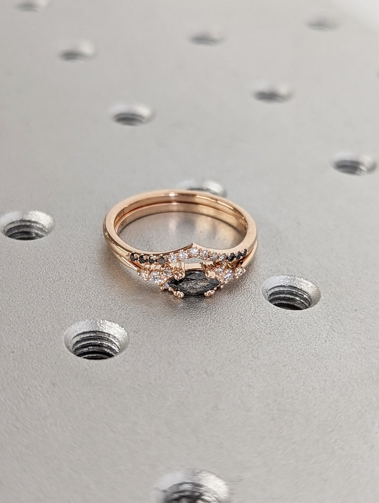 0.25ct Marquise Salt and Pepper Diamond 14K Rose Gold Ombred Diamonds Curved Wedding Ring Set
