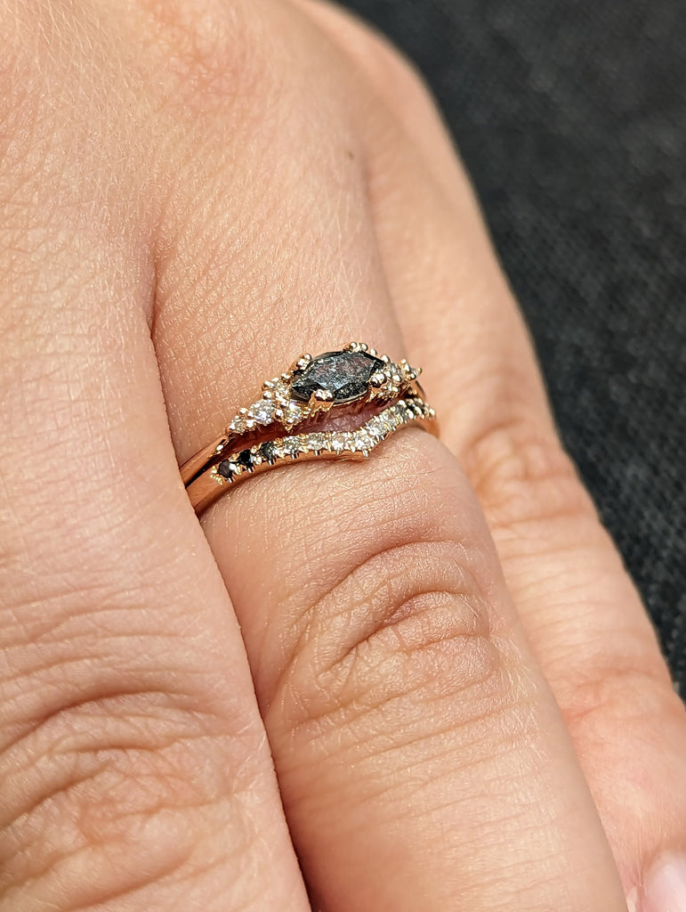 6x3mm Marquise Salt and Pepper Diamond 14K Rose Gold Gradient Diamonds Curved Wedding Ring Set