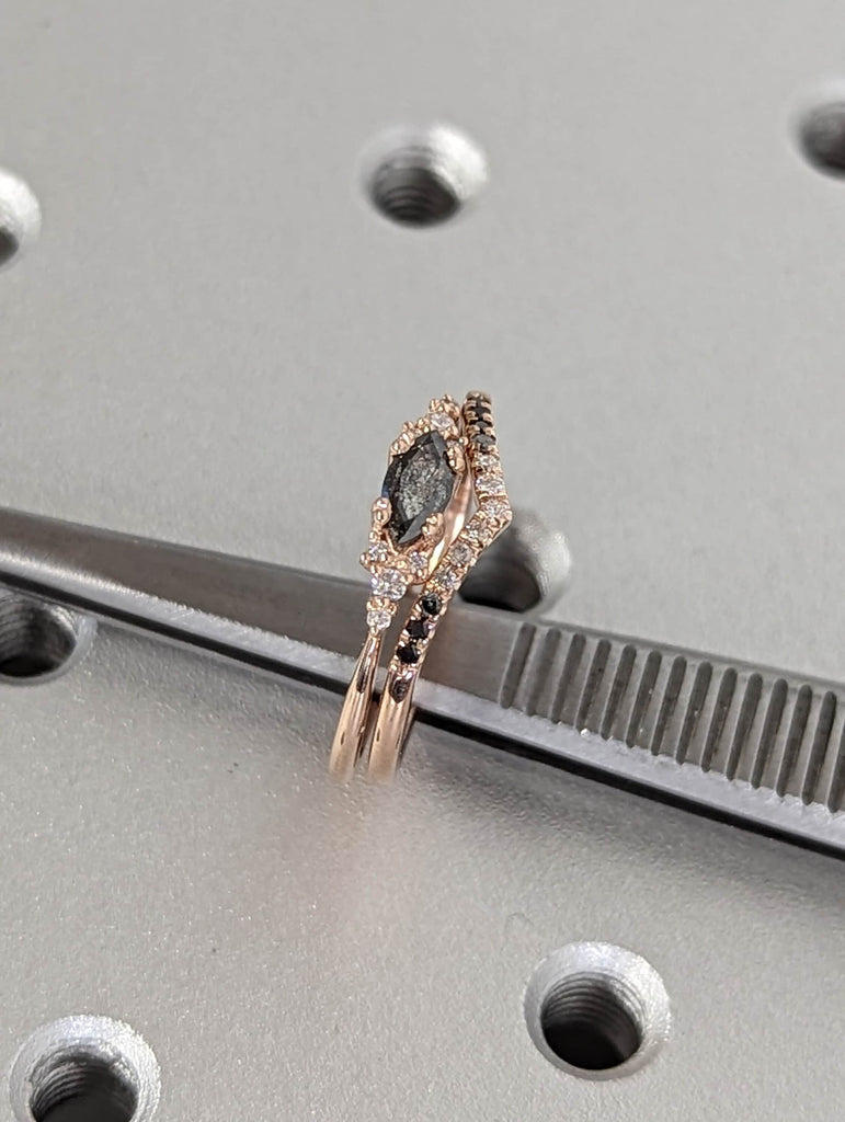 6x3mm Marquise Salt and Pepper Diamond 14K Rose Gold Ombre Diamonds Bridal Ring Set