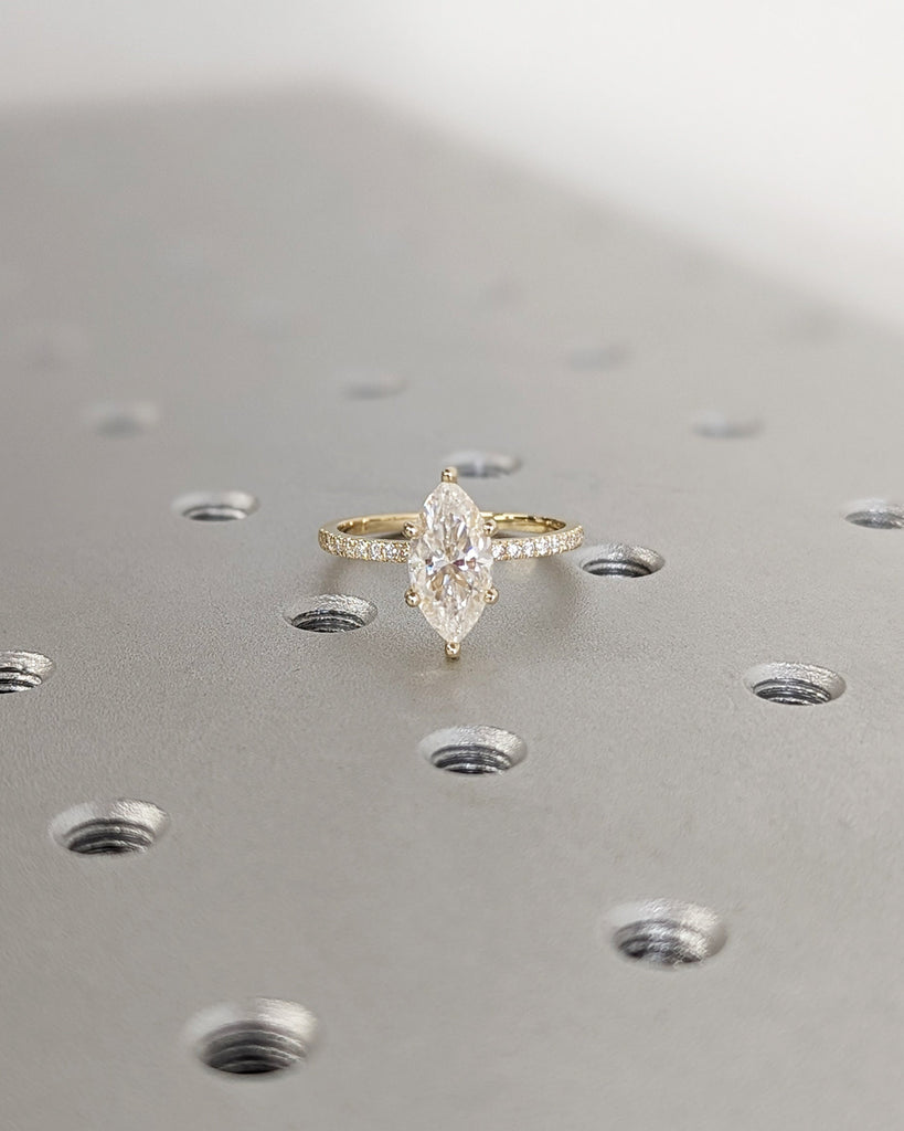 1.5 Carat Marquise Engagement Ring, Marquise Moissanite Engagement Ring, Wedding Ring, Anniversary Ring, 14K Solid Yellow Gold, Hidden Halo