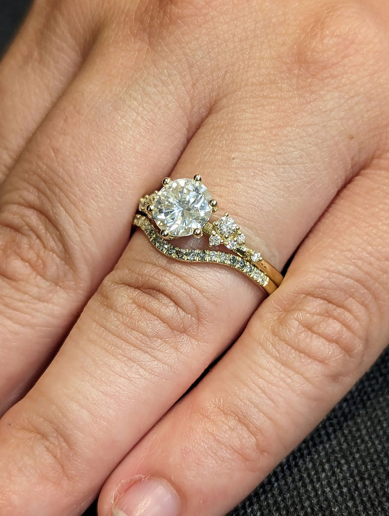 1.5ct Round Lab Created Diamond Snowdrift Moissanites Cluster 14K Yellow Gold Salt and Pepper Diamond Wedding Ring Set