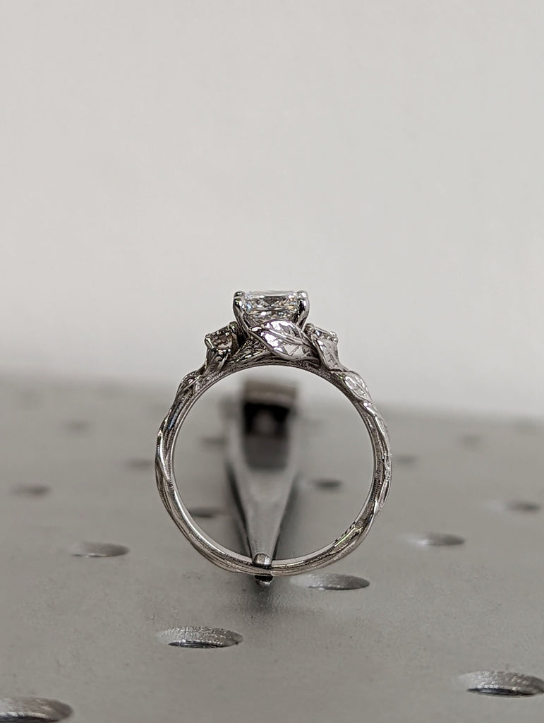 Nature Inspired 1ct Princess cut Lab Diamond Leaves Motif Engagement Ring