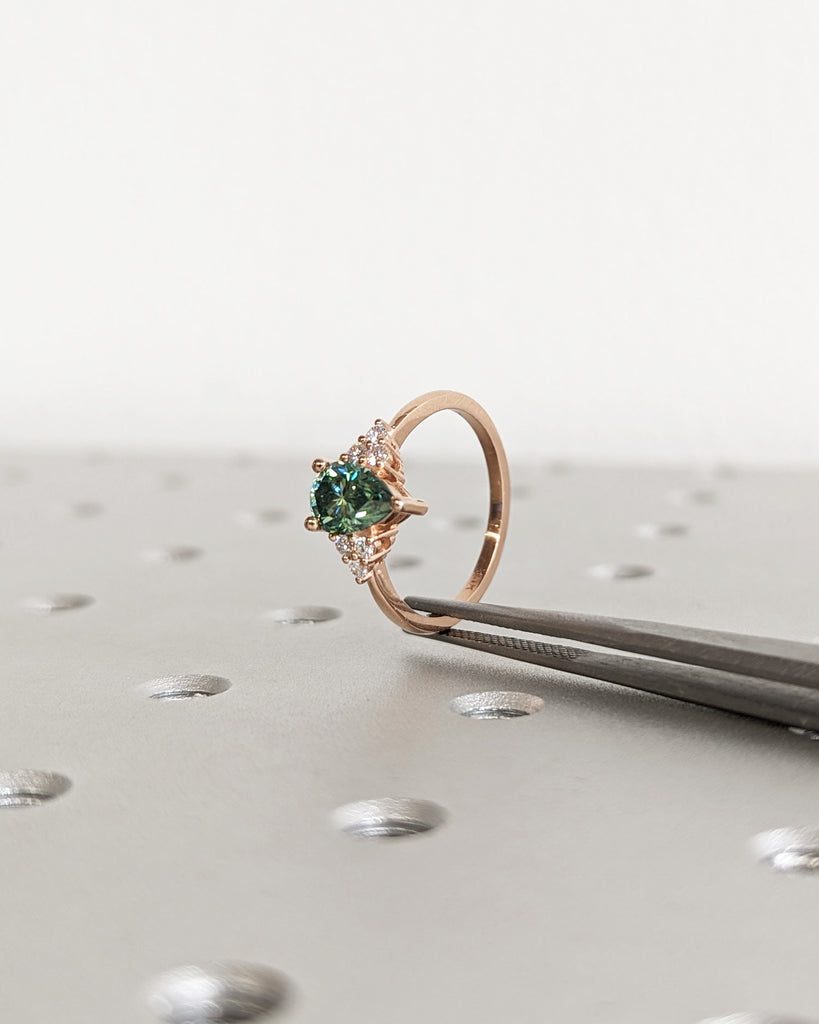 Pear Green Moissanite Engagement Ring, Heavenly Wedding Ring, Cyan Blue Moissanite Ring, Ring for Women, Anniversary Gift Ring, Cluster Ring