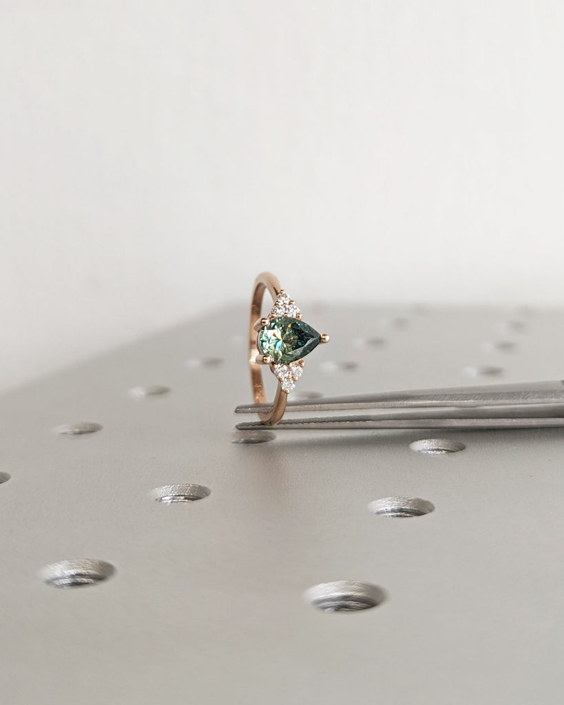 Pear Green Moissanite Engagement Ring, Heavenly Wedding Ring, Cyan Blue Moissanite Ring, Ring for Women, Anniversary Gift Ring, Cluster Ring