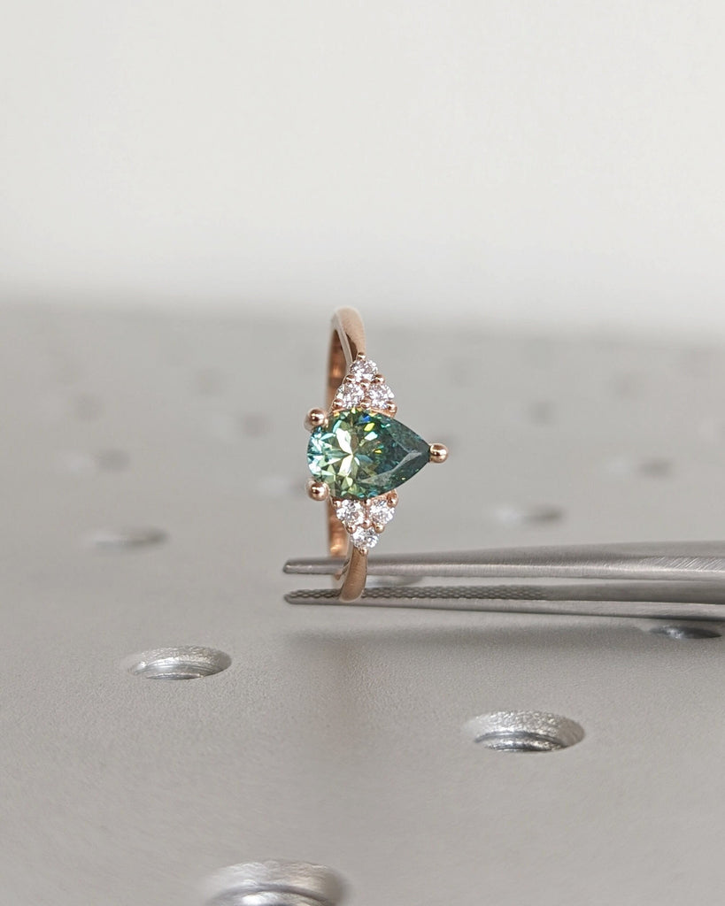 Pear Green Moissanite Engagement Ring, Heavenly Wedding Ring, Cyan Blue Moissanite Ring, Ring for Women, Anniversary Gift Ring, Cluster Ring