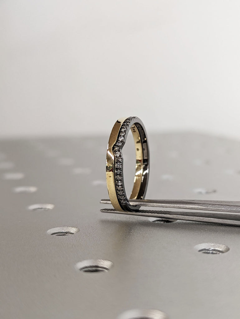 Salt and Pepper Diamond Black and Yellow Gold Double Ring Wedding Band Set