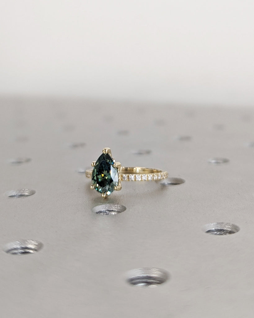 Colored Moissanite Engagement, Green Moissanite Ring, Vintage Blue-Green Pear Engagement Ring, Green Color Moissanite, Diamond Hidden Halo