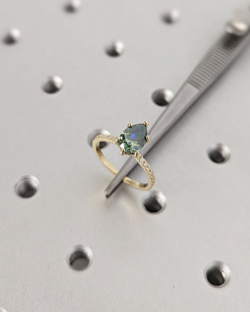 Colored Moissanite Engagement, Green Moissanite Ring, Vintage Blue-Green Pear Engagement Ring, Green Color Moissanite, Diamond Hidden Halo