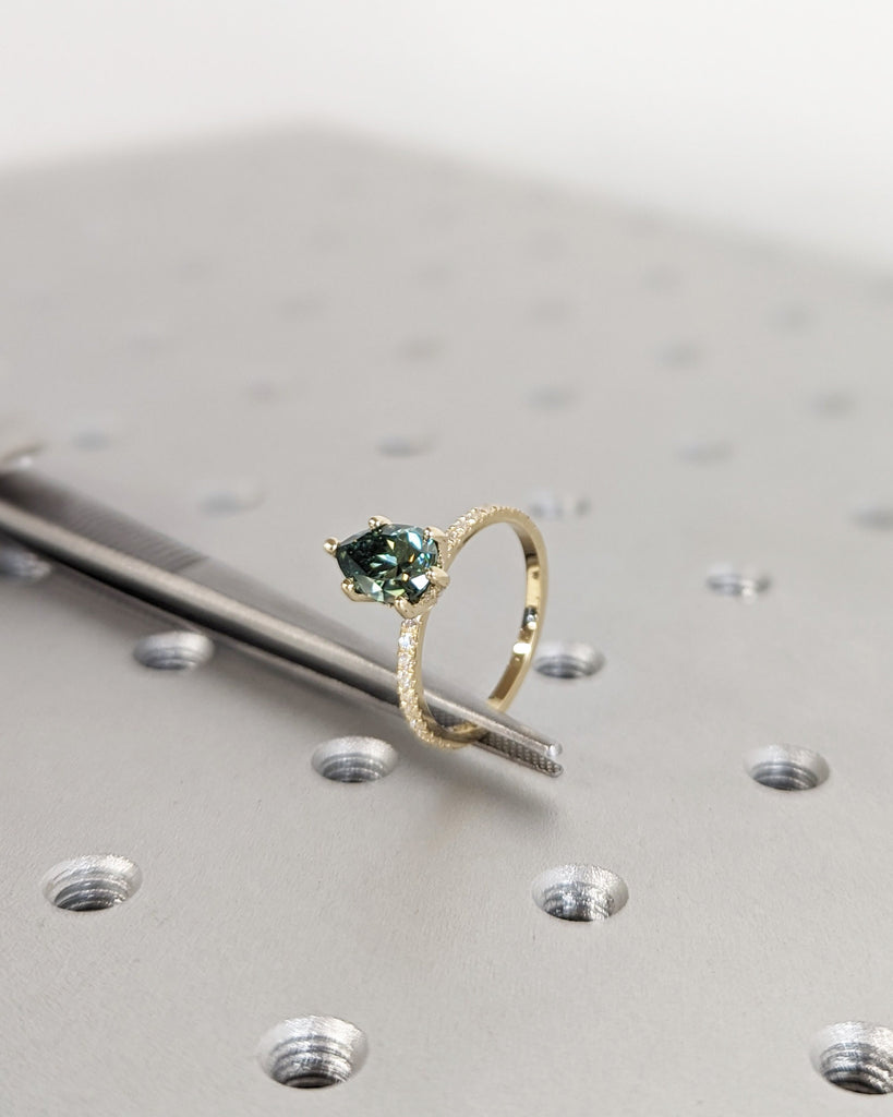 Colored Moissanite Engagement, Green Moissanite Ring, Vintage Blue-Green Pear Engagement Ring, Green Color Moissanite, Diamond Hidden Halo