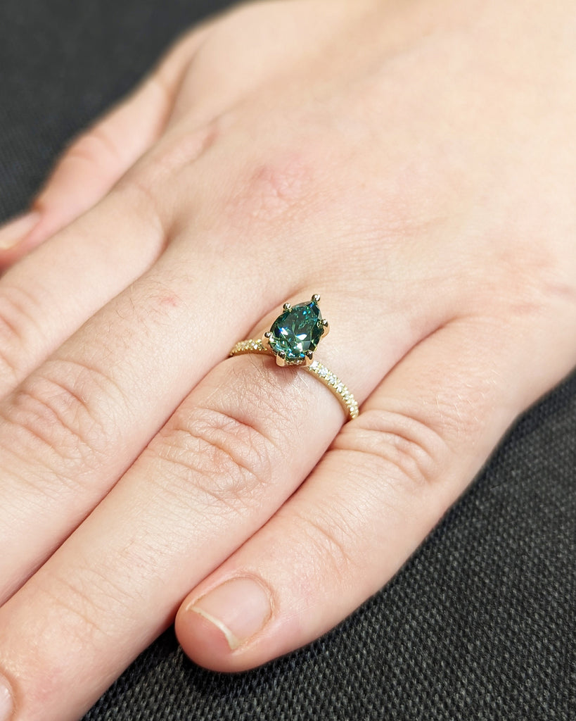 Colored Moissanite Engagement, Green Moissanite Ring, Vintage Blue-Green Pear Engagement Ring, Green Color Moissanite, Diamond Hidden Halo