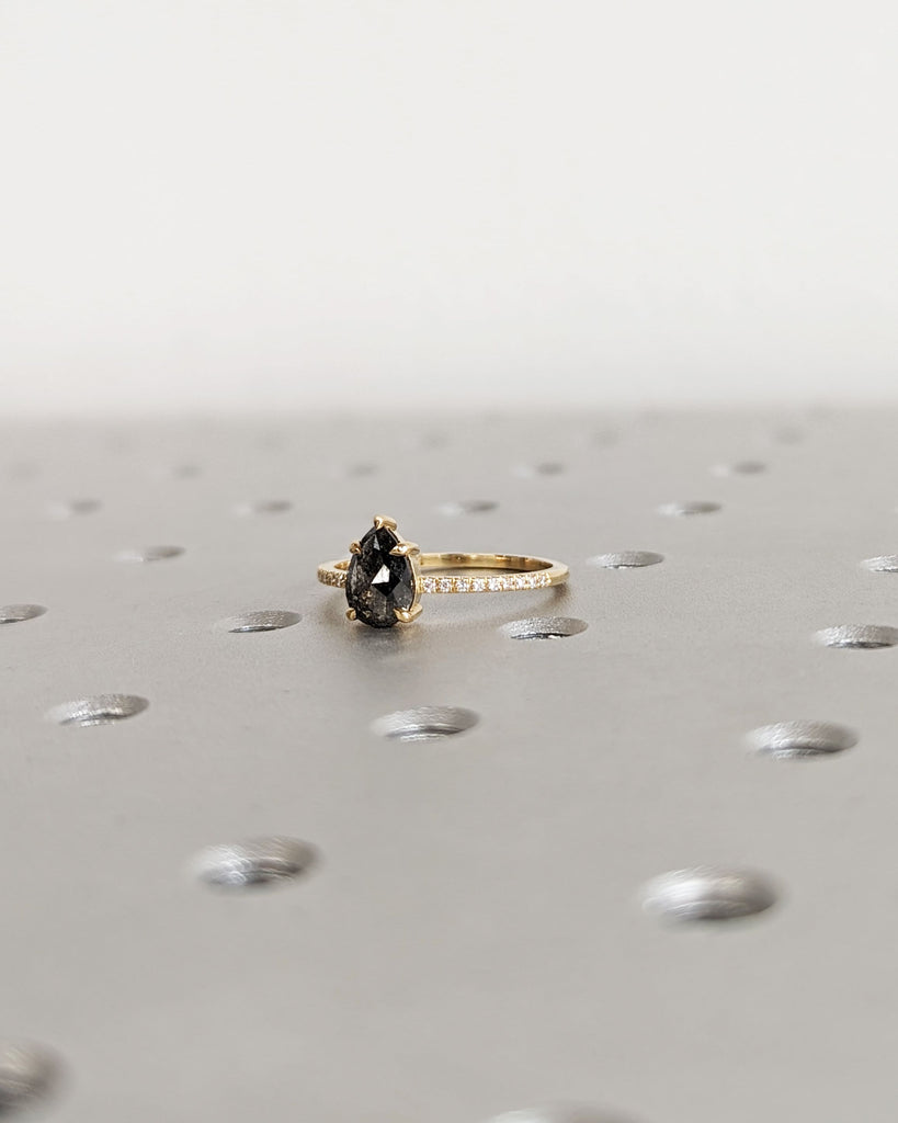 1 Carat 1920's Raw Salt and Pepper Diamond, Pear Diamond Ring, Unique Engagement Bridal , Black, Gray Pear 18k Yellow Rose White Black Gold