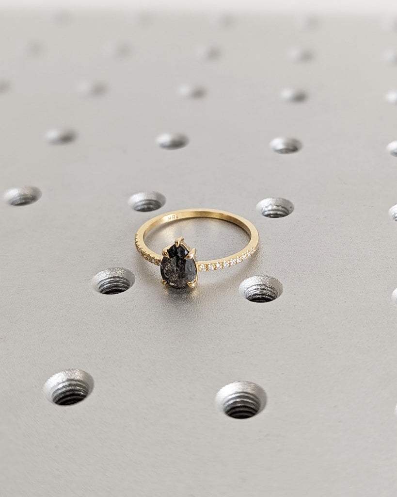 1 Carat 1920's Raw Salt and Pepper Diamond, Pear Diamond Ring, Unique Engagement Bridal , Black, Gray Pear 18k Yellow Rose White Black Gold
