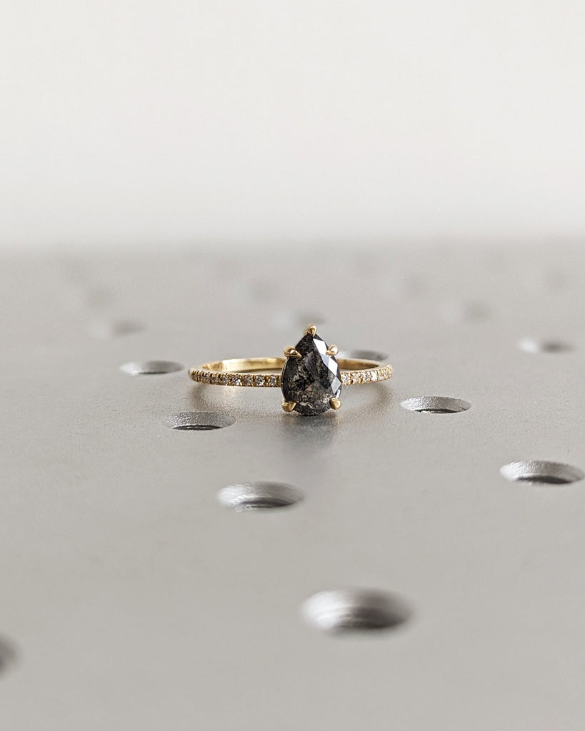 1 Carat 1920's Raw Salt and Pepper Diamond, Pear Diamond Ring, Unique Engagement Bridal , Black, Gray Pear 18k Yellow Rose White Black Gold