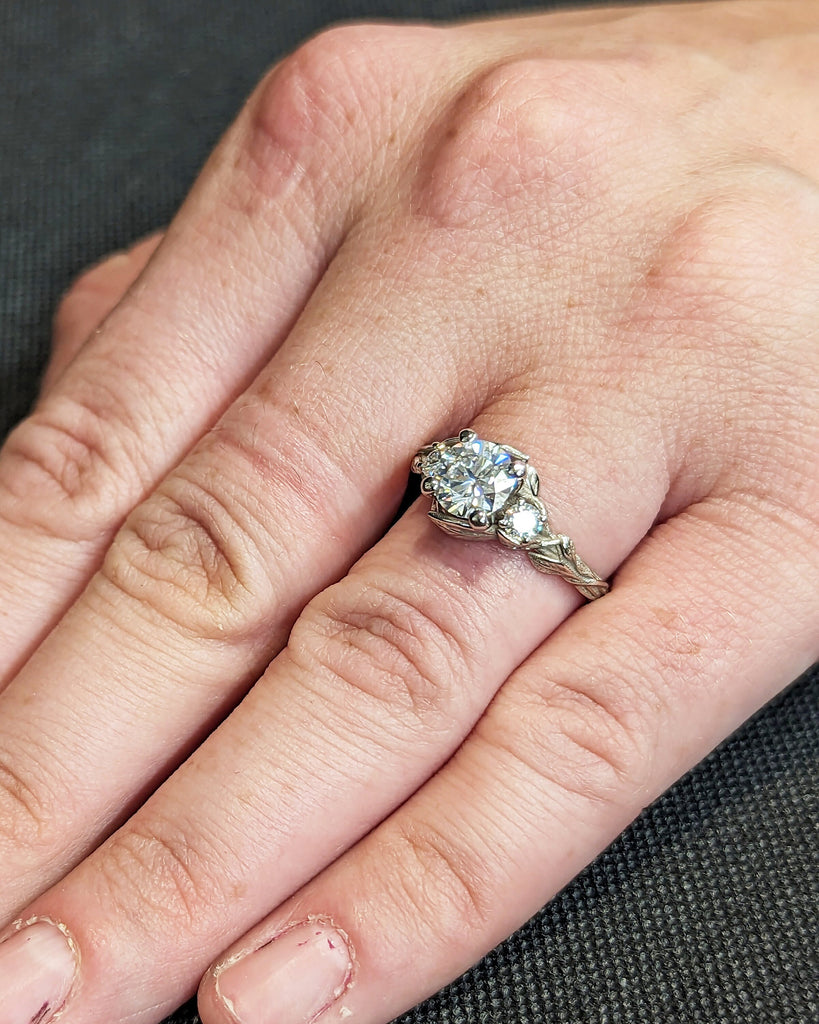 Nature Inspired Lab Grown Diamond Engagement Ring Leaves Band Round Lab Diamond Wedding Ring Leaf Vine Branch Alternative Engagement Ring