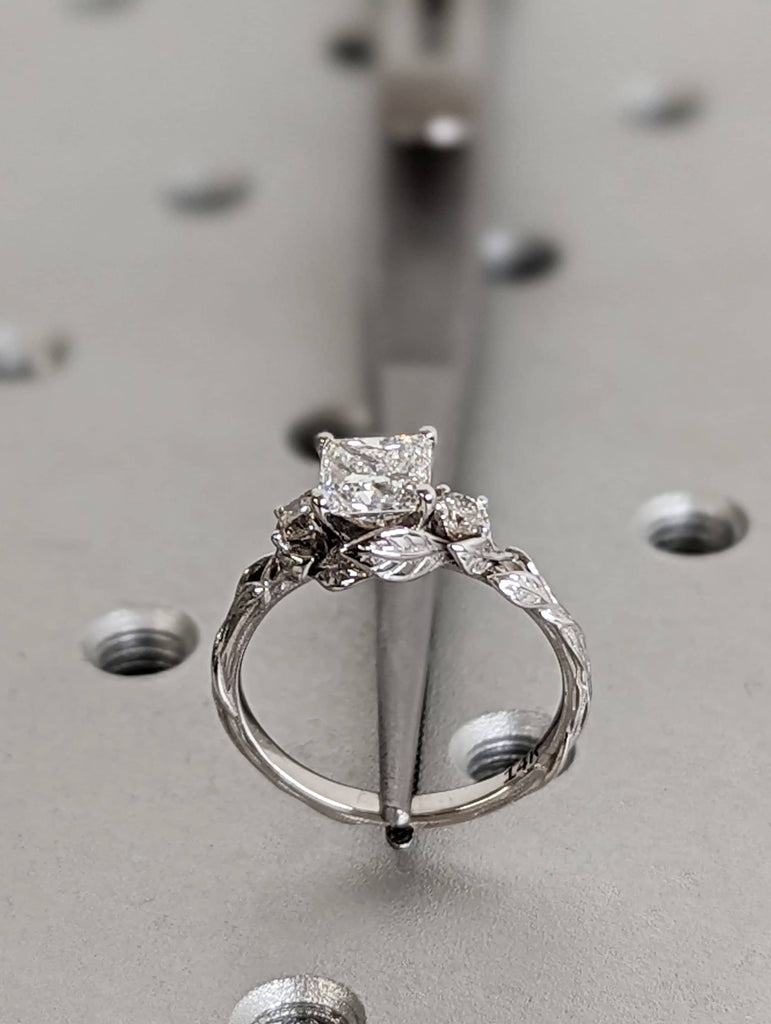 1ct Princess cut Moissanite 14K White Gold Leaves Motif Promise Ring