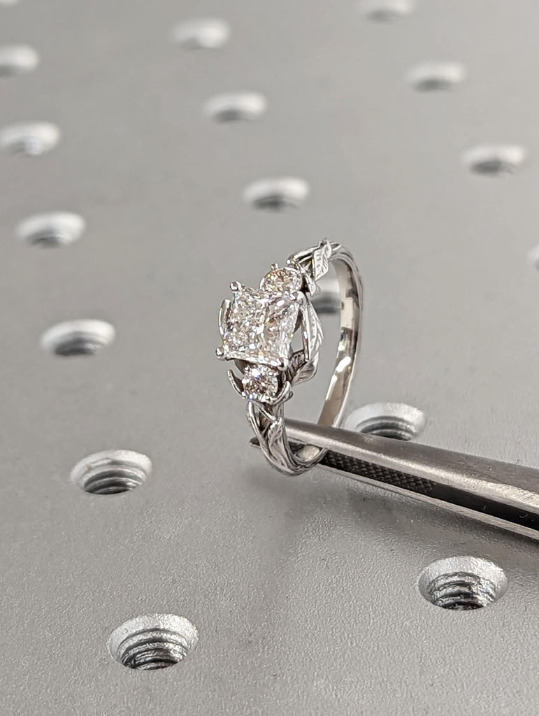 Unique 1ct Princess cut Moissanite 14K White Gold Vintage Nature Inspired Leaves Motif Promise Ring
