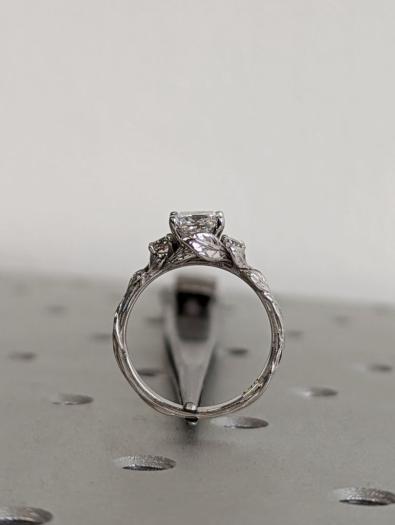 Nature Inspired 1ct Princess cut Moissanite Leaves Motif Engagement Ring