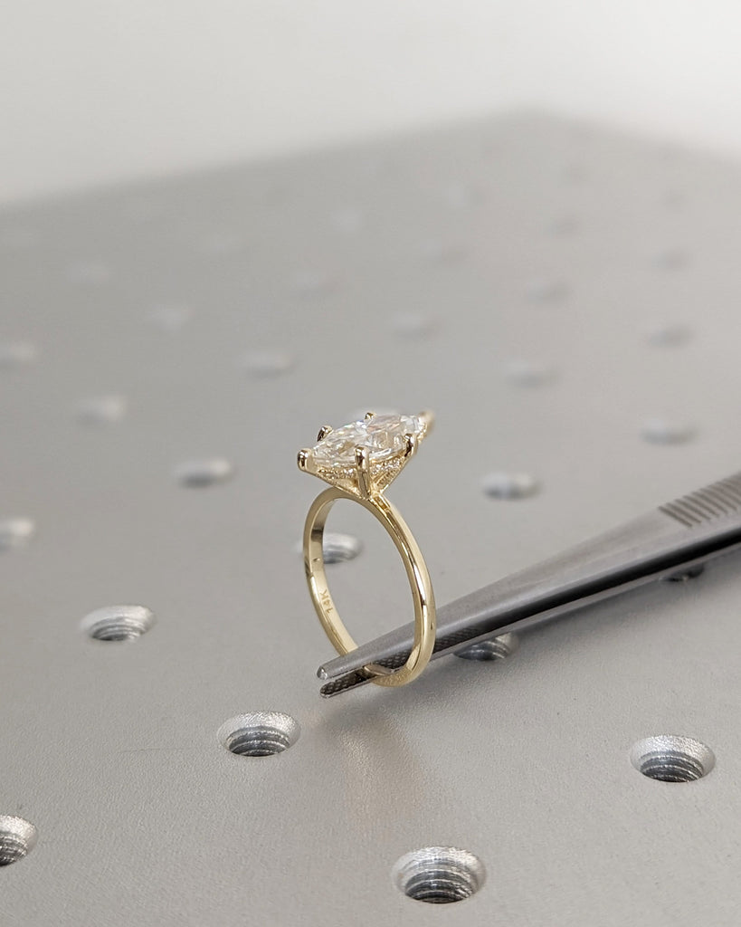 1.5ct Marquise Lab Diamond Solitaire Engagement Ring | 14K Yellow Gold Diamond Hidden Halo Promise Ring | Custom Wedding Anniversary Ring