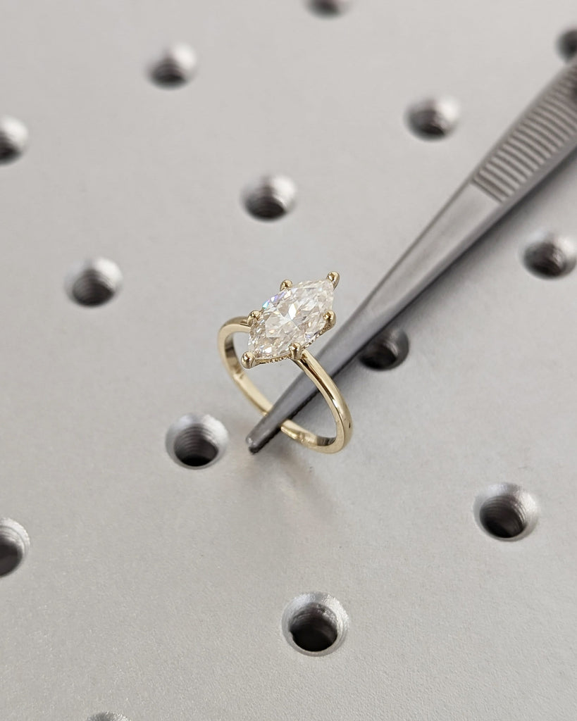 1.5ct Marquise Lab Diamond Solitaire Engagement Ring | 14K Yellow Gold Diamond Hidden Halo Promise Ring | Custom Wedding Anniversary Ring