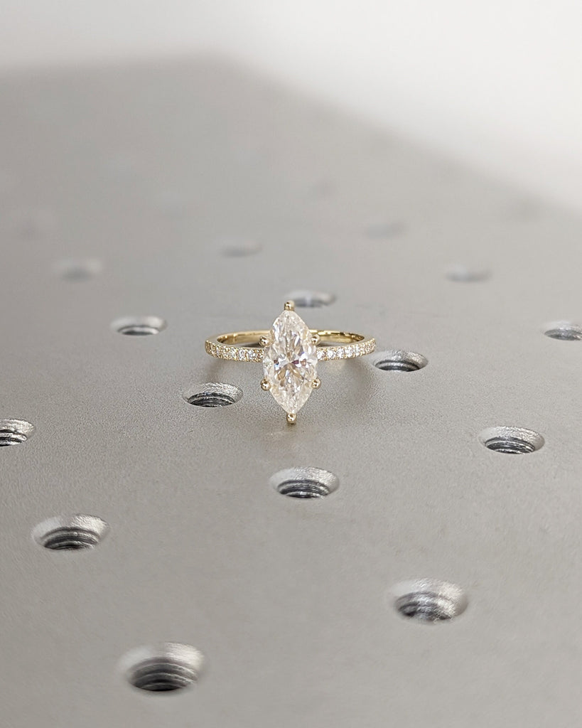 1.5ct Marquise Lab Diamond Solitaire Engagement Ring | 14K Yellow Gold Diamond Hidden Halo Promise Ring | Custom Wedding Anniversary Ring