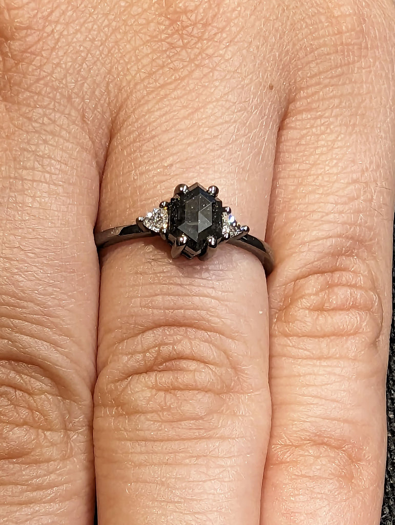 1ct Hexagon cut Salt and Pepper Diamond 14K Black Gold Proposal Ring