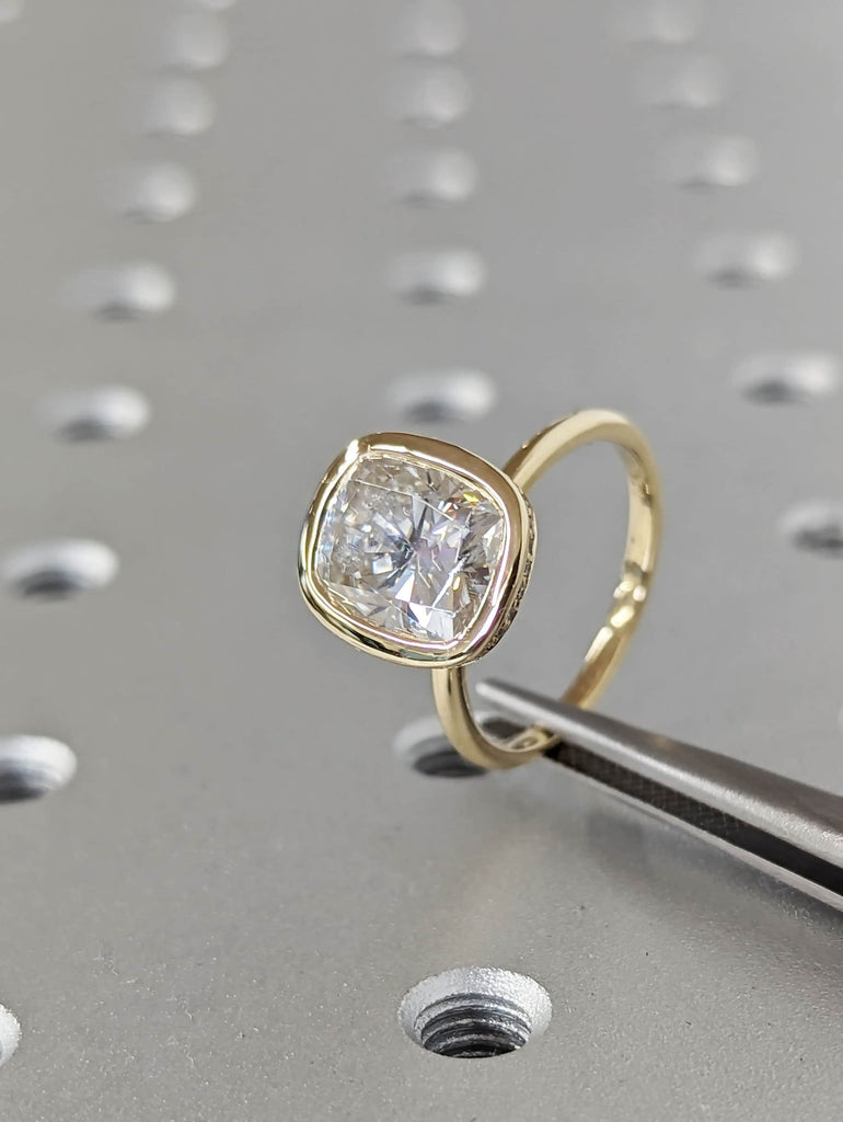 3ct Cushion Cut Lab Grown Diamond Solitaire 14K Yellow Gold Diamond Halo Engagement Ring