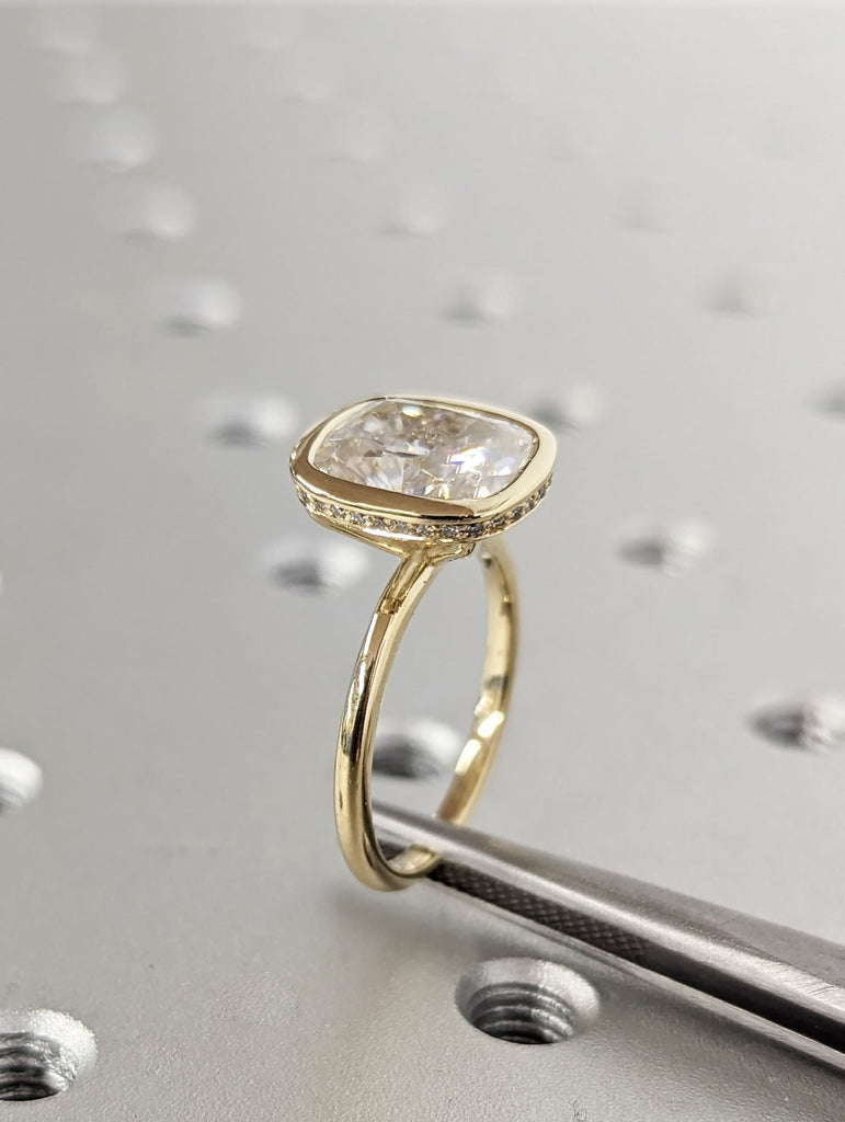 Bezel Set 3ct Cushion Cut Lab Diamond 14K Yellow Gold Diamond Halo Wedding Anniversary Ring
